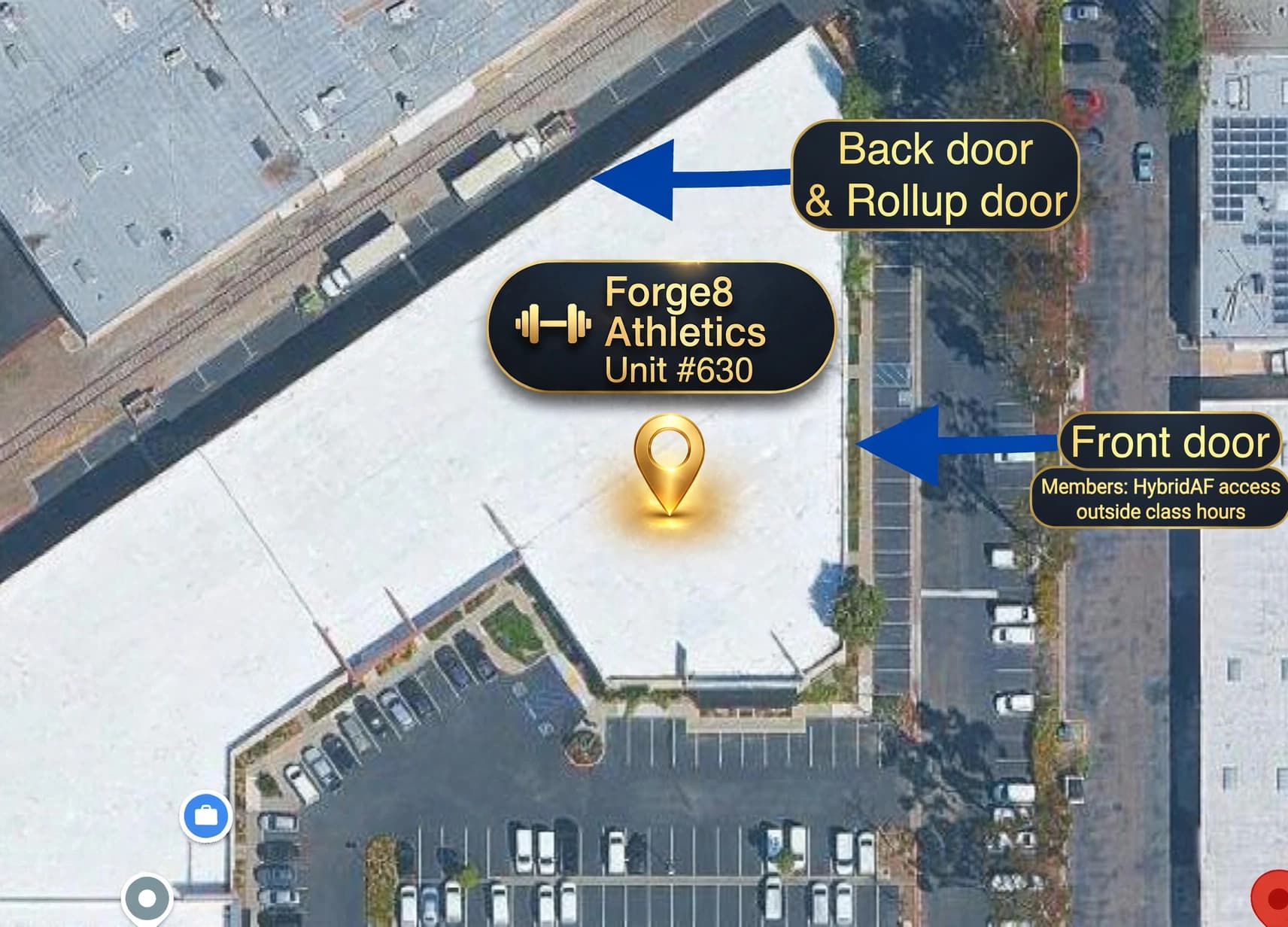 Aerial view of 7550 Miramar Road showing Unit 630 entrance and rollup door